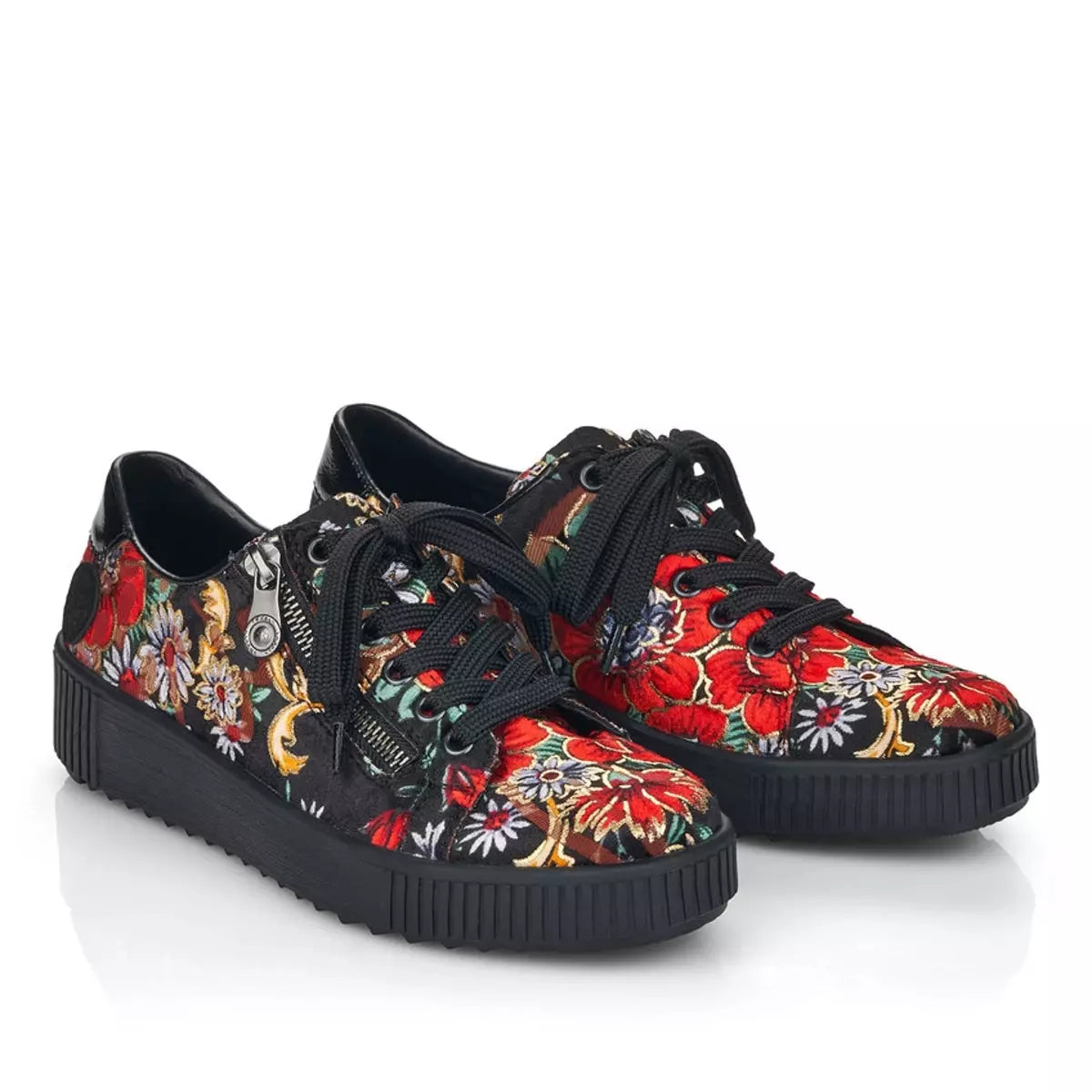 Lace Up & Zip Textured Floral Shoe